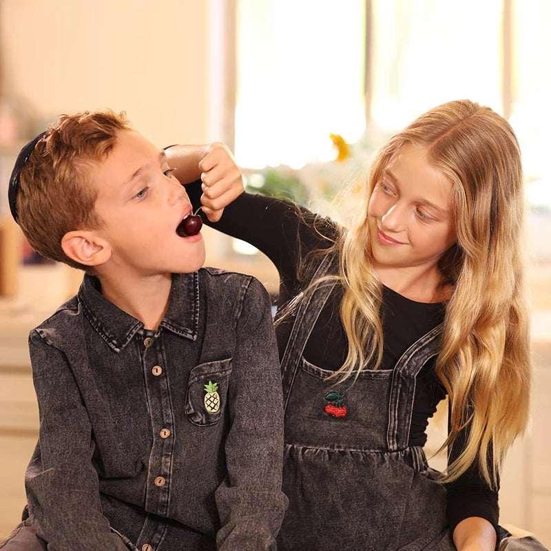 Denim Black Family Matching Set Long Sleeve Children's Clothing - Girl Dress Boys Casual Shirt Baby Rompers with Logo Embroidery