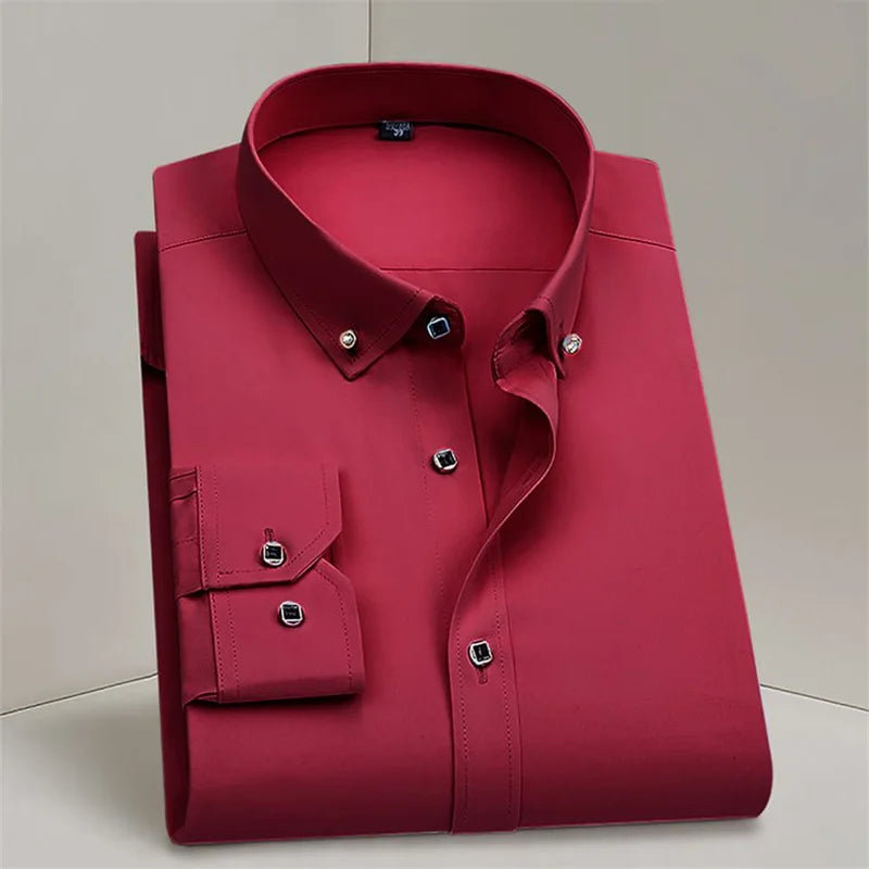 Hot Sale  Men's Dress Shirt Formal Long Sleeve Spring Thin Business Basic Diamond Button Social Black Party Wedding Man Clothing
