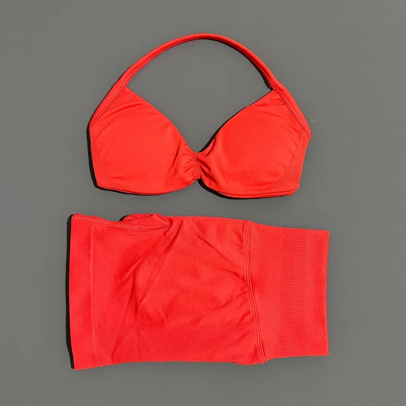 2 Pieces Yoga Gym Set Women Seamless Strappy Yoga Bra High Waist Workout Scrunch Shorts Sports Set Fitness Clothes Sportswear
