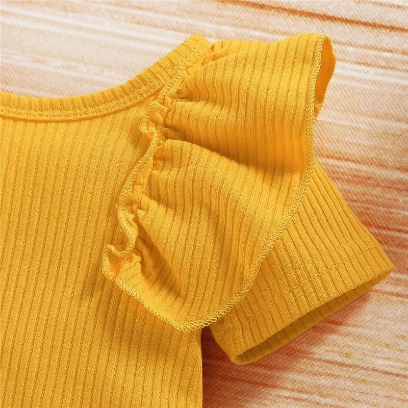 Summer Baby Girl  3pcs Ruffled Romper + Sunflower Print Shorts + Bow Headband Set For Infant Girls