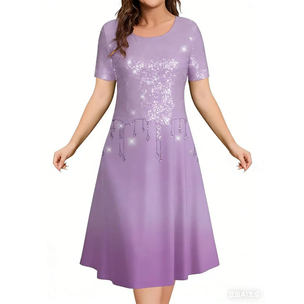 2026 New Women's Simple Gradient Color Casual Dresses Elegant Woman Clothes Evening Midi Dress Crew Neck Short Sleeve Dresses