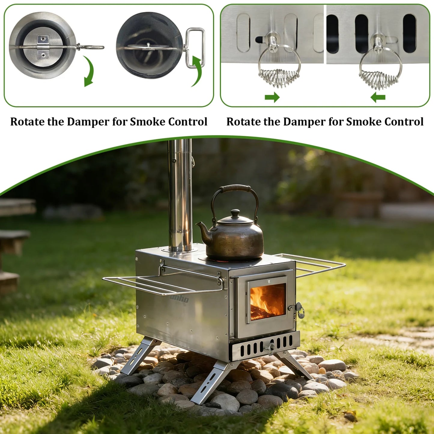 2 in 1 Portable Stainless Steel Hot Tent Stove Wood Burning Stove with 7 Chimney Pipes  for Outdoor Heating & Cooking Sauna Heater
