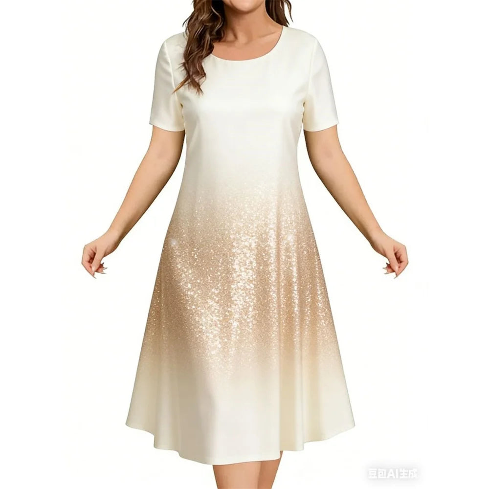2026 New Women's Simple Gradient Color Casual Dresses Elegant Woman Clothes Evening Midi Dress Crew Neck Short Sleeve Dresses