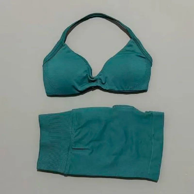 2 Pieces Yoga Gym Set Women Seamless Strappy Yoga Bra High Waist Workout Scrunch Shorts Sports Set Fitness Clothes Sportswear