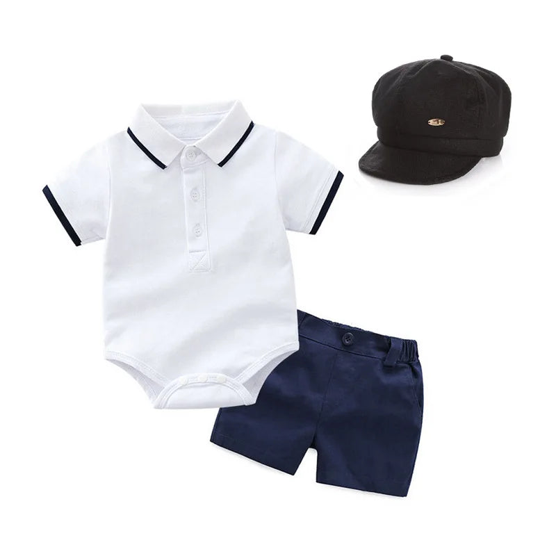 Summer Baby Boy Romper with Hat Clothes Infant Outfit Set Summer Polo Shirts Short Sleeve Shirt Shorts Boys Clothing Set