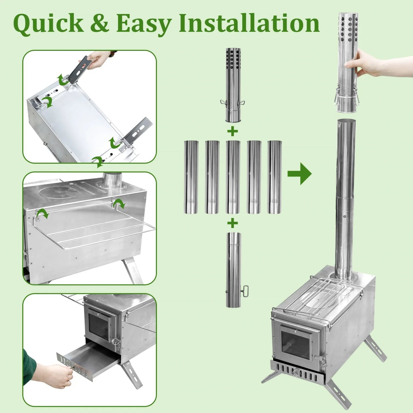 2 in 1 Portable Stainless Steel Hot Tent Stove Wood Burning Stove with 7 Chimney Pipes  for Outdoor Heating & Cooking Sauna Heater