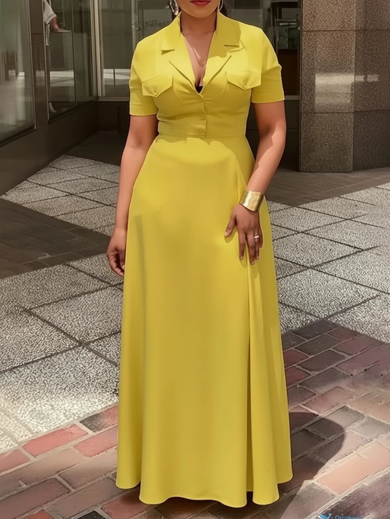 Women Lapel Collar Short Sleeve Button Maxi Dress With Side Pockets For Elegant Office Business And Daily Occasion