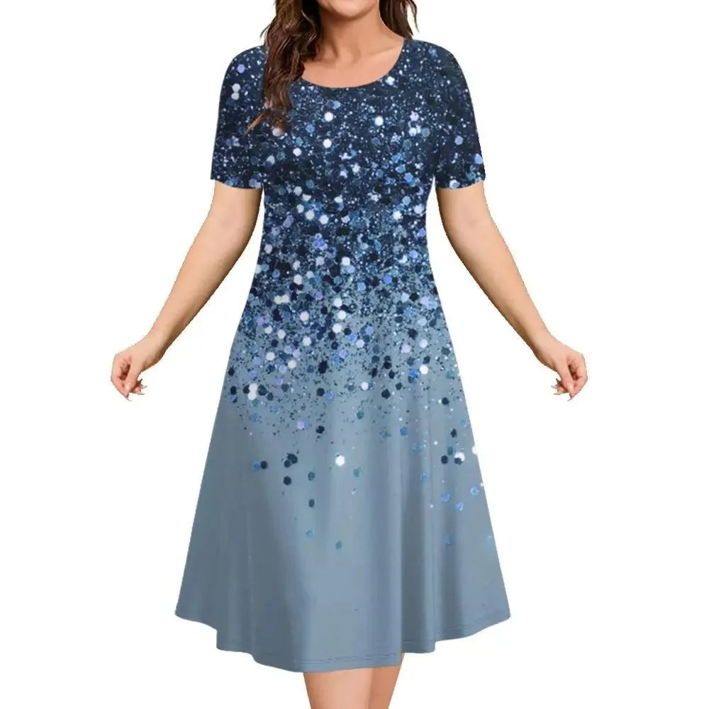 2026 New Women's Simple Gradient Color Casual Dresses Elegant Woman Clothes Evening Midi Dress Crew Neck Short Sleeve Dresses
