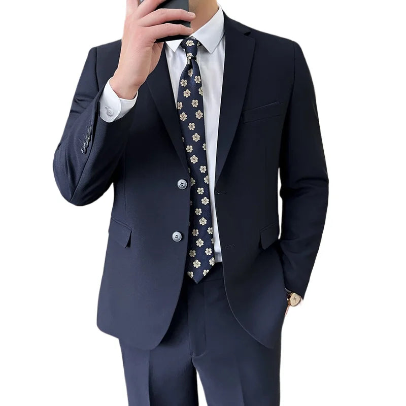 Suit (Blazer+ Pants) Fashion Men Solid Color Business Wedding Work Casual Slim Professional Dress Groom Best Man Gentleman Suit