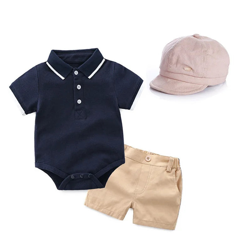 Summer Baby Boy Romper with Hat Clothes Infant Outfit Set Summer Polo Shirts Short Sleeve Shirt Shorts Boys Clothing Set