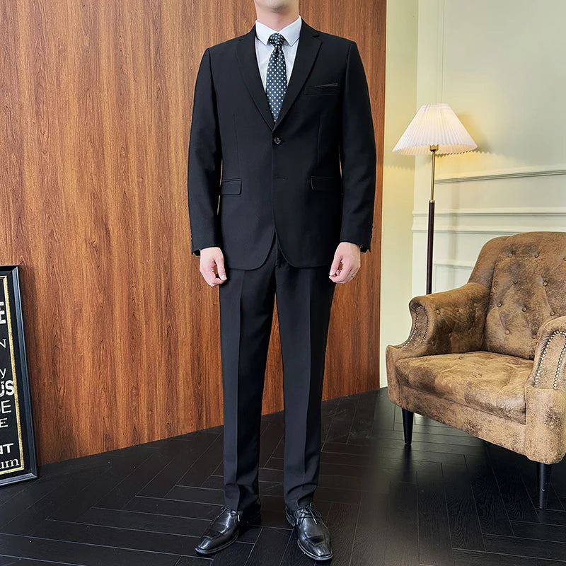 Suit (Blazer+ Pants) Fashion Men Solid Color Business Wedding Work Casual Slim Professional Dress Groom Best Man Gentleman Suit