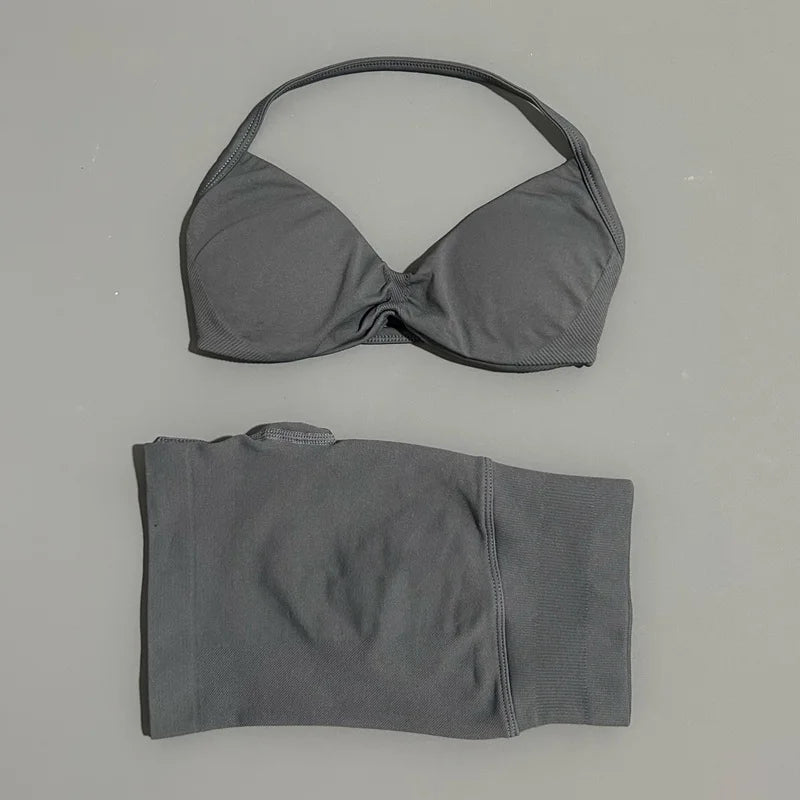 2 Pieces Yoga Gym Set Women Seamless Strappy Yoga Bra High Waist Workout Scrunch Shorts Sports Set Fitness Clothes Sportswear