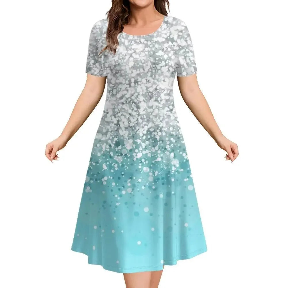 2026 New Women's Simple Gradient Color Casual Dresses Elegant Woman Clothes Evening Midi Dress Crew Neck Short Sleeve Dresses