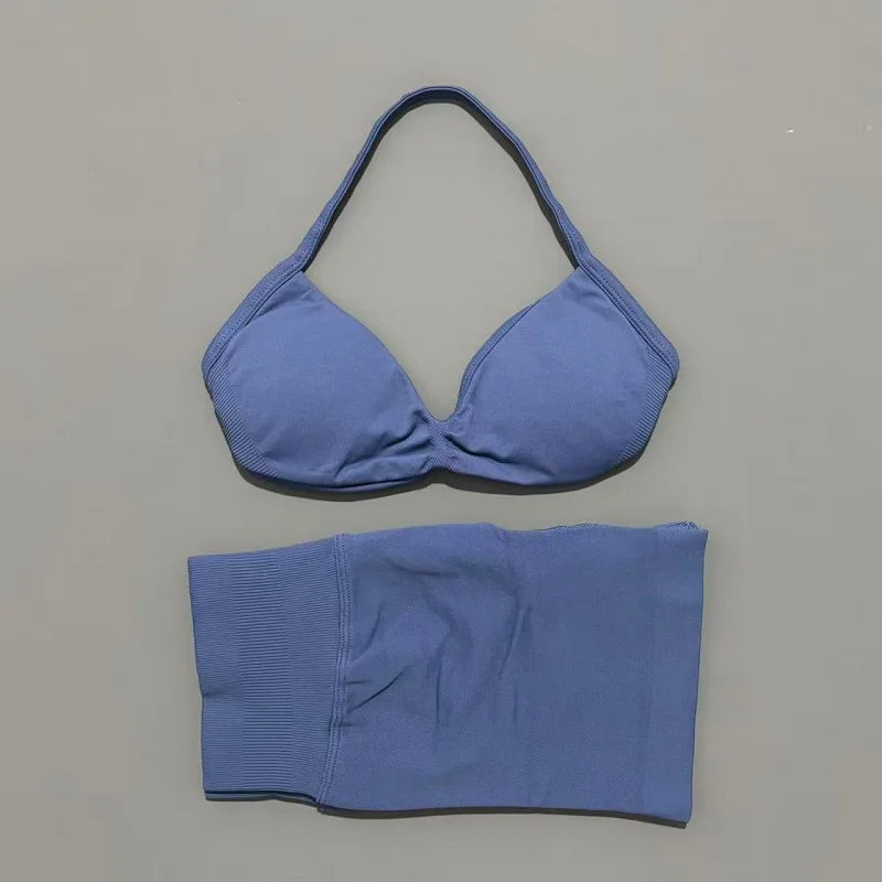 2 Pieces Yoga Gym Set Women Seamless Strappy Yoga Bra High Waist Workout Scrunch Shorts Sports Set Fitness Clothes Sportswear