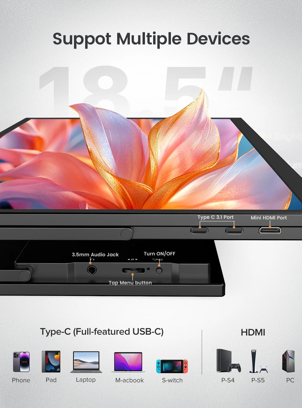 UPERFECT 18.5inch 120hz Portable Monitor 1080P 16:9 100%sRGB 300Cd/m² Display Game Screen For Laptop Mac Phone Xbox PS4/5 Switch