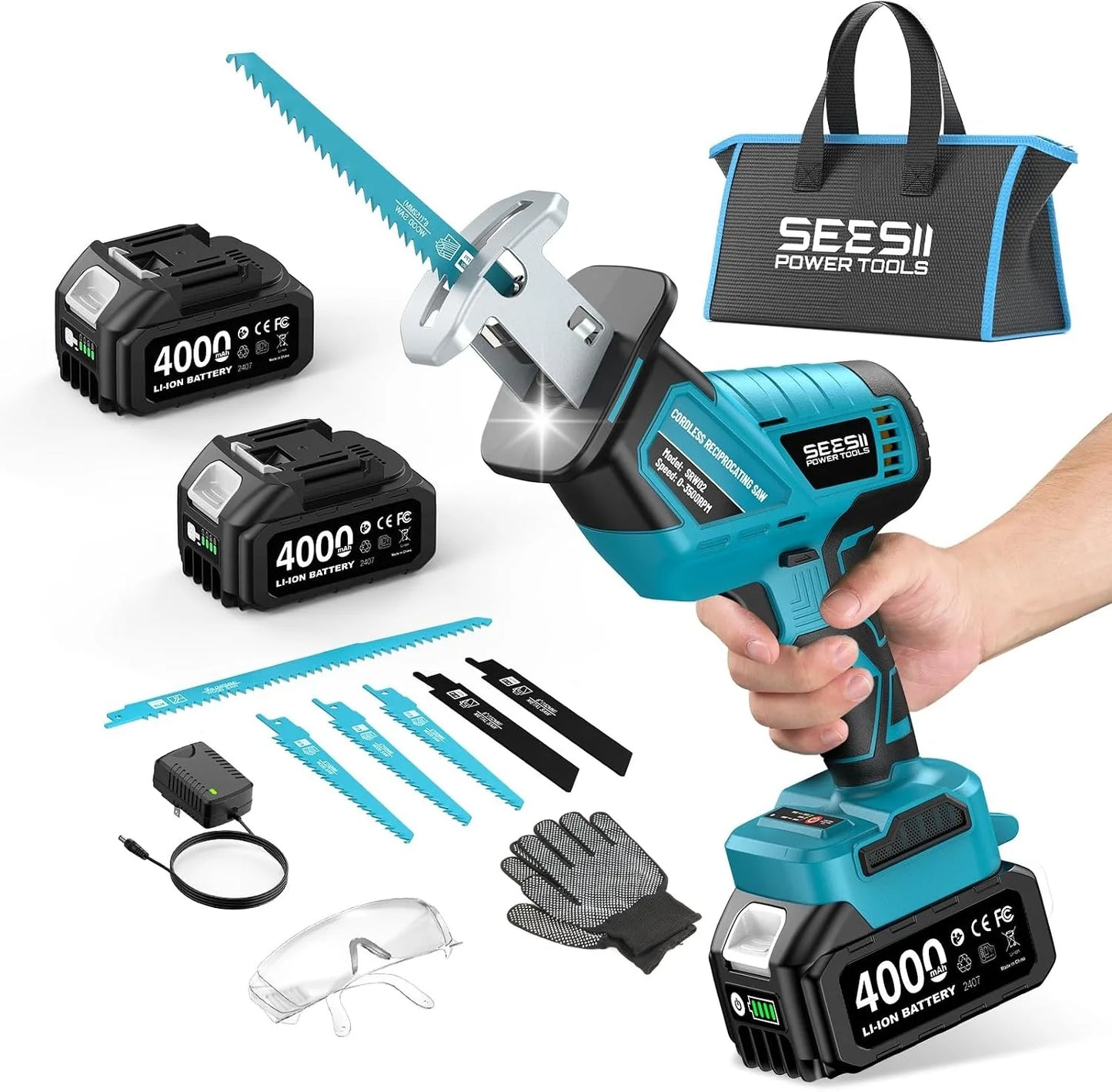 SEESII Reciprocating Saw Cordless Cutting Saw Variable Speed 3500 RPM Brushless Motor with 6 Saw Blades Portable Saw Power Tool 4.0Ah Battery For Wood PVC Cutting