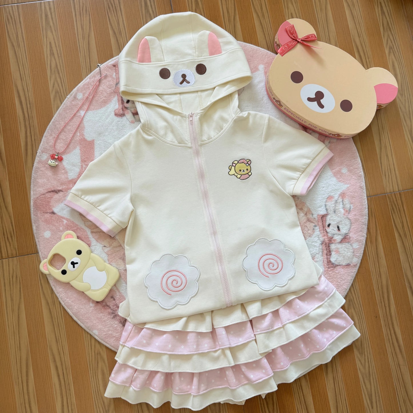 Bear Embroidered Short Sleeve Top Japanese Style Cute Soft Girl Summer Hooded Short Sleeve Zipper Jacket Women Slimming Top