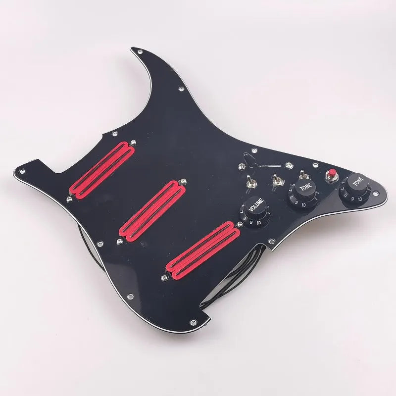 Prewired SSS Red Rail Pickups Loaded Pickguard Black 3-Ply High Output Rail Single Coil Assembly for ST Strat Guitar