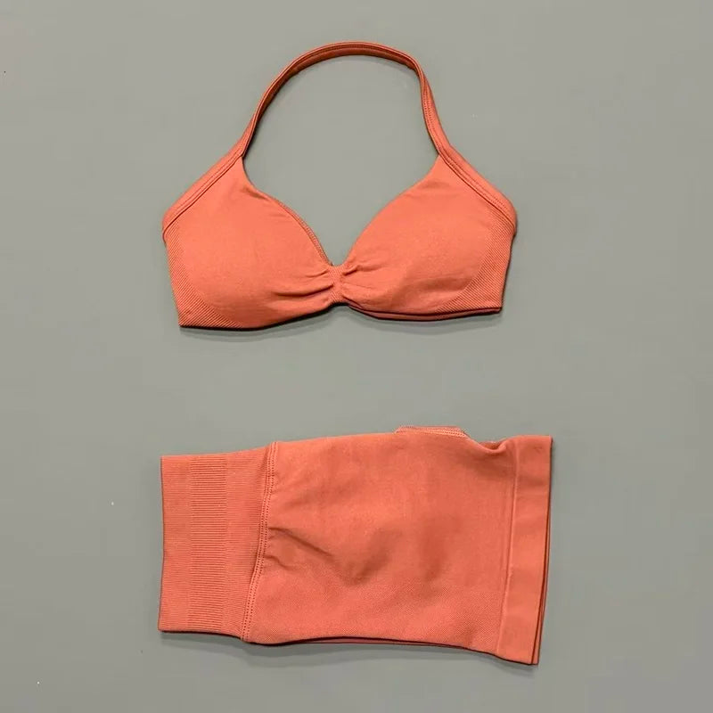 2 Pieces Yoga Gym Set Women Seamless Strappy Yoga Bra High Waist Workout Scrunch Shorts Sports Set Fitness Clothes Sportswear