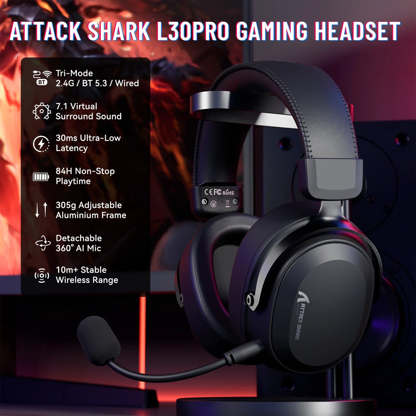 ATTACK SHARK L30PRO Wireless Gaming Headset,7.1 Surround Sound, 50mm Drivers,20ms Low Latency,Detachable Noise-Canceling Mic