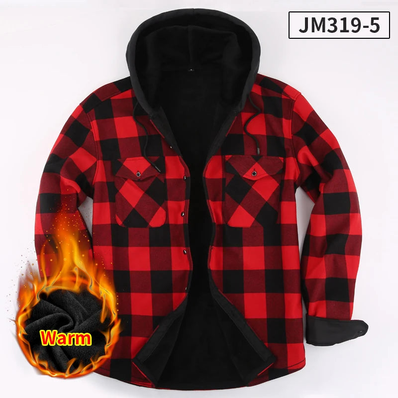 Fashion Korean Popular Clothes Winter Adding Velvet and Thickening Long-Sleeve Shirts for Men Casual Hooded Jacket Plaid Tops
