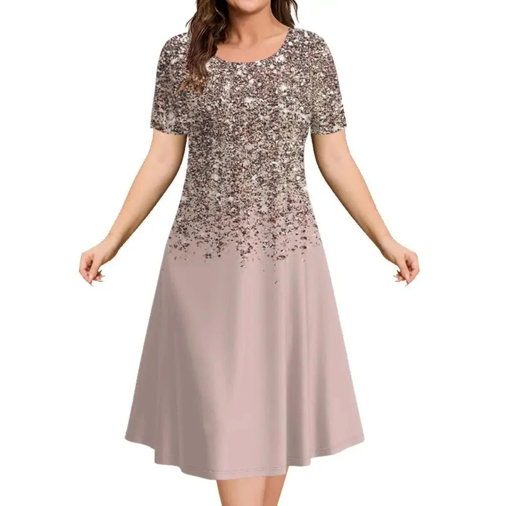 2026 New Women's Simple Gradient Color Casual Dresses Elegant Woman Clothes Evening Midi Dress Crew Neck Short Sleeve Dresses