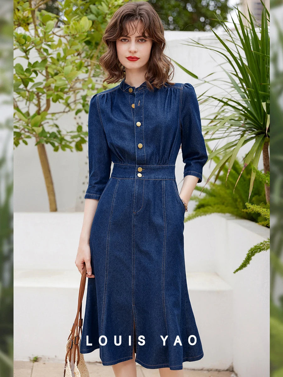 LOUIS YAO Women Denim Dress Retro Style Casual 2024 Spring Round Neck Three-quarter Sleeve Slim Fit A-line Fishtail Dress