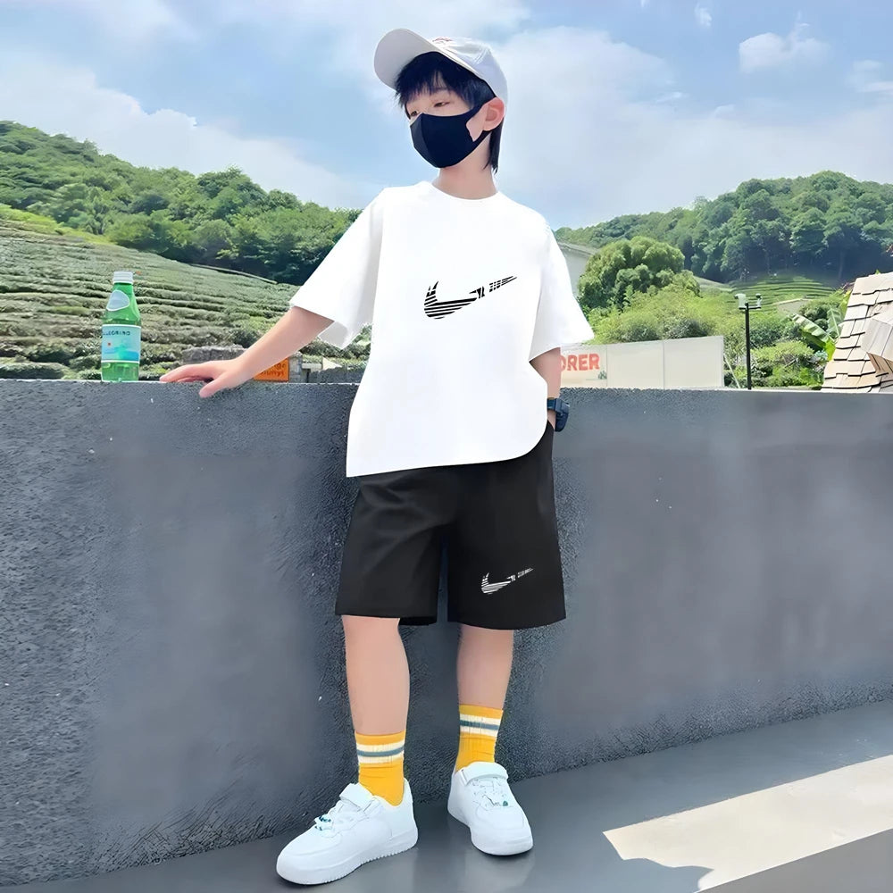 Children Set white T-shirt Short-Sleeved+Shorts Boy Girl Toddler 3-12Years Casual Sports Brand cool Fashio Clothes Summer