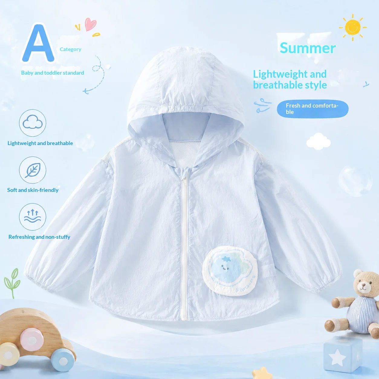 A Class Baby Sun Protection Jacket Summer Ultra Thin Lightweight Hooded Coat Cartoon Pocket Print Zipper Skin Friendly Toddler O