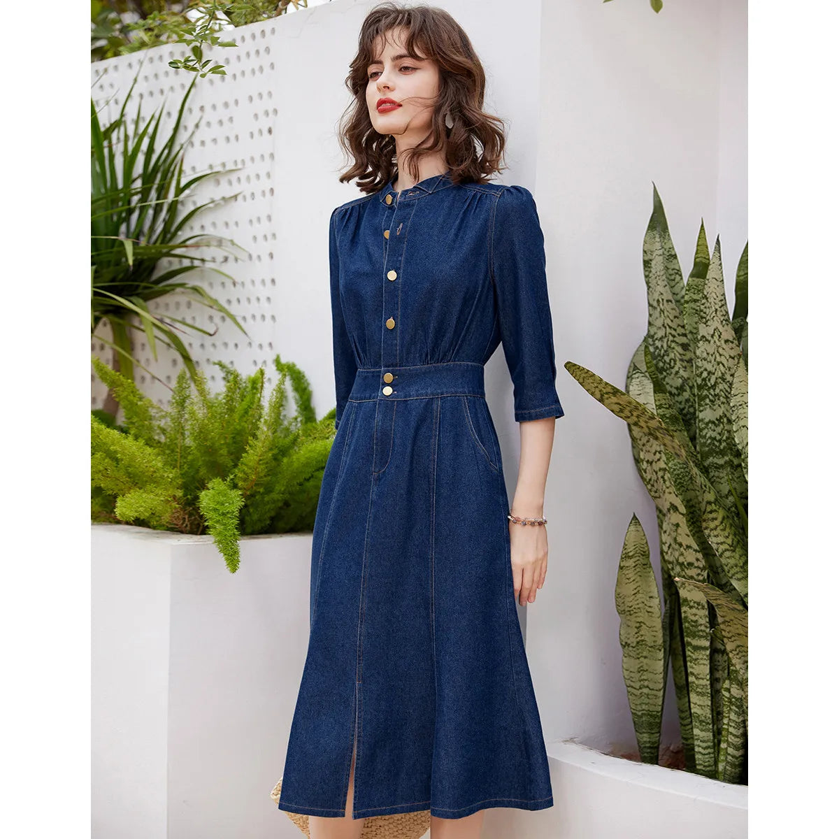LOUIS YAO Women Denim Dress Retro Style Casual 2024 Spring Round Neck Three-quarter Sleeve Slim Fit A-line Fishtail Dress