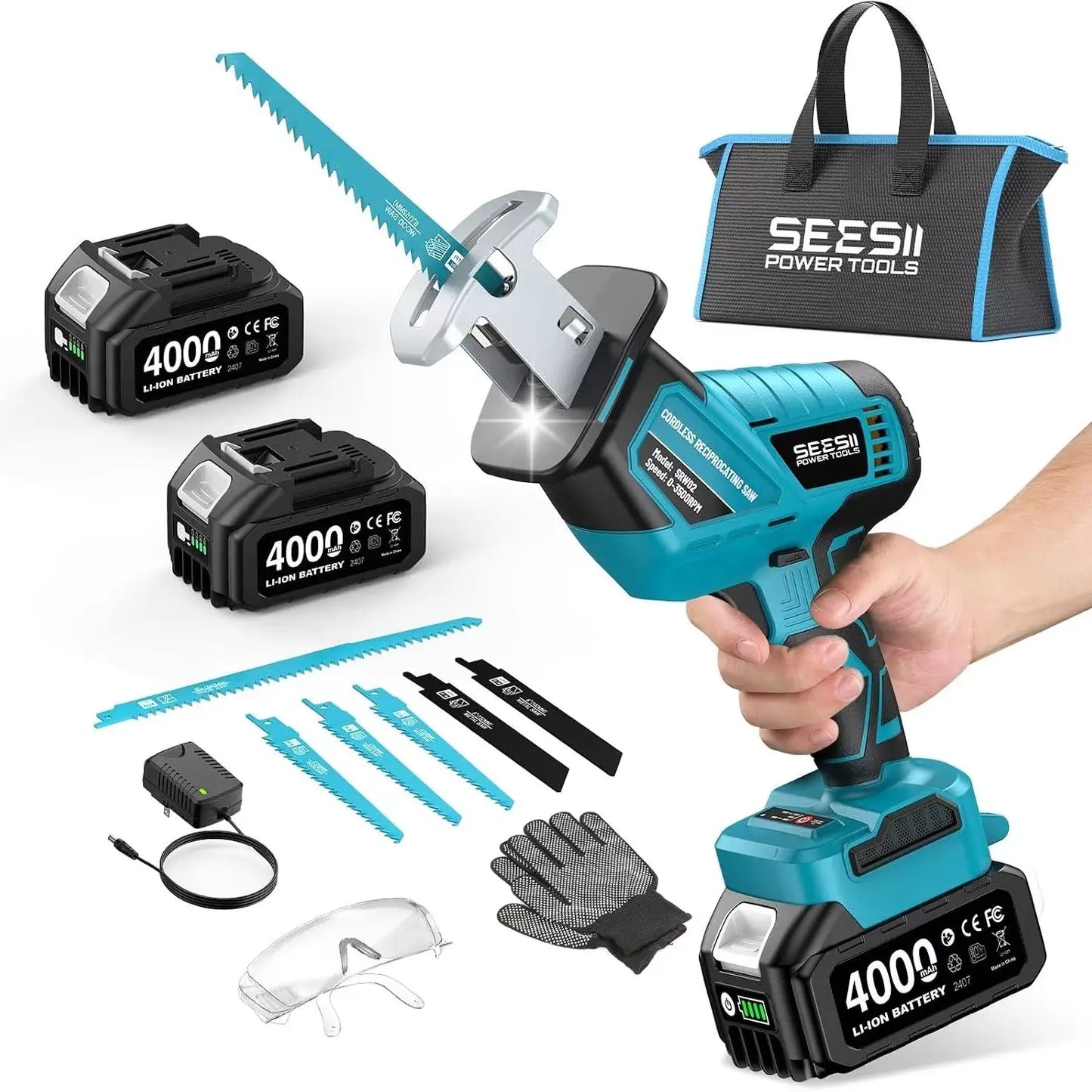 SEESII Reciprocating Saw Cordless Cutting Saw Variable Speed 3500 RPM Brushless Motor with 6 Saw Blades Portable Saw Power Tool 4.0Ah Battery For Wood PVC Cutting