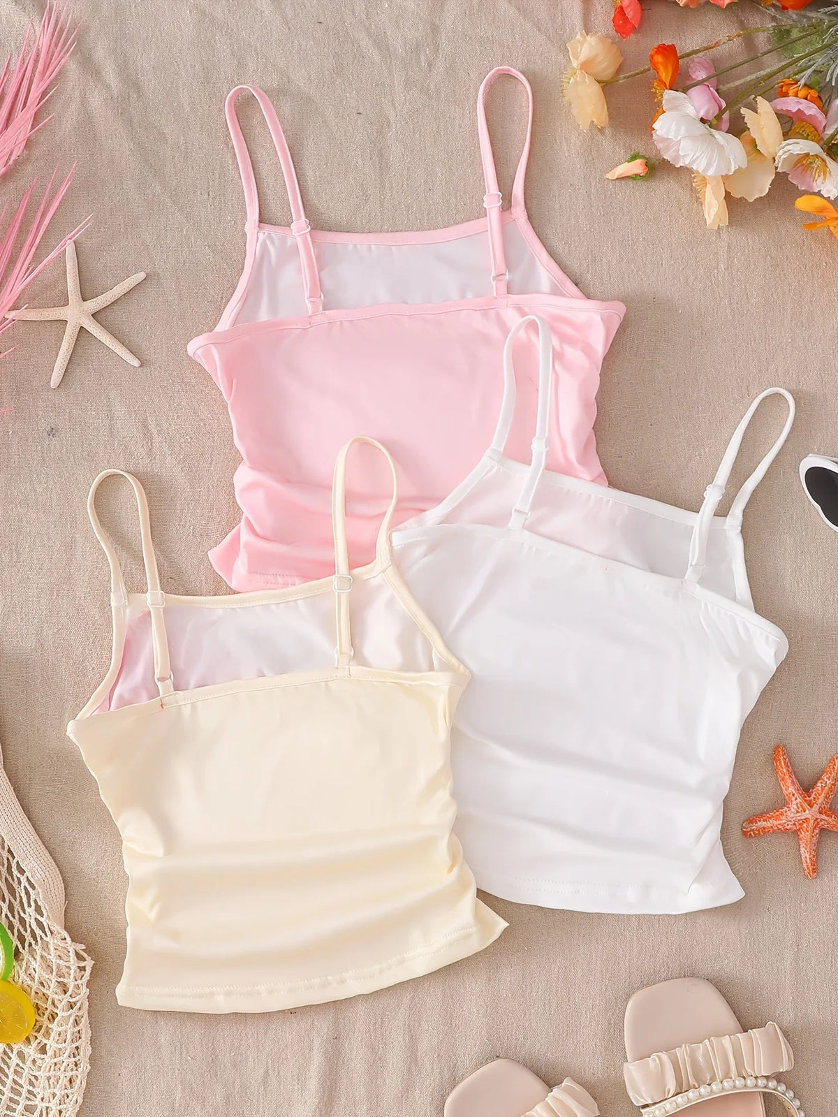 Girls 3 Pack Tropical Floral Starfish Shell Print Camisole Adjustable Spaghetti Strap Ruched Slim Tank Tops Summer Beach Vacatio