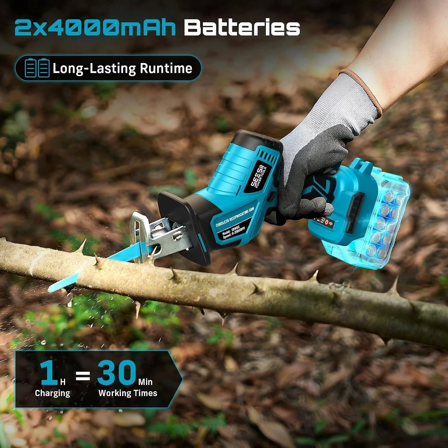 SEESII Reciprocating Saw Cordless Cutting Saw Variable Speed 3500 RPM Brushless Motor with 6 Saw Blades Portable Saw Power Tool 4.0Ah Battery For Wood PVC Cutting