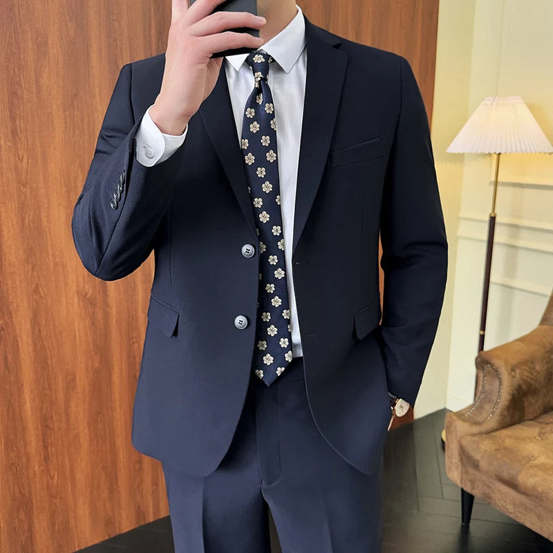 Suit (Blazer+ Pants) Fashion Men Solid Color Business Wedding Work Casual Slim Professional Dress Groom Best Man Gentleman Suit