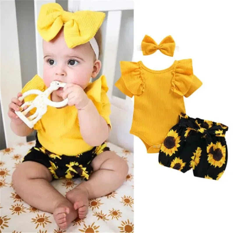 Summer Baby Girl  3pcs Ruffled Romper + Sunflower Print Shorts + Bow Headband Set For Infant Girls