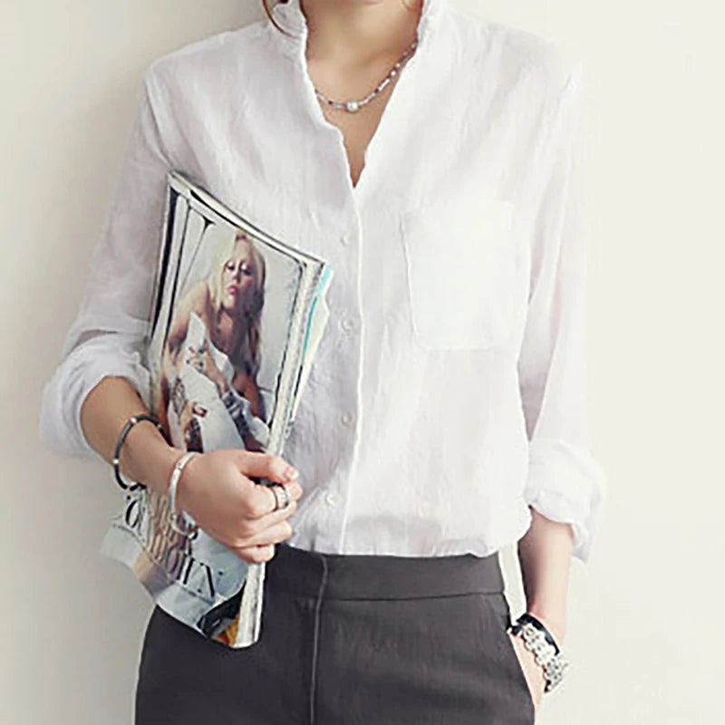 Women Autumn Korean Harjauku Solid Cotton and Linen Blouse Vintage Solid Thin Loose Shirt 2022 Casual Long Sleeve Korean Tops