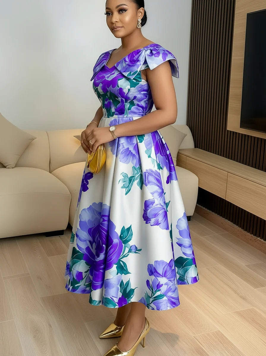 Off Shoulder Bow Strap Floral Print Midi Swing Dress For Women Wedding Guest Brunch Daily Elegant Party Occasions