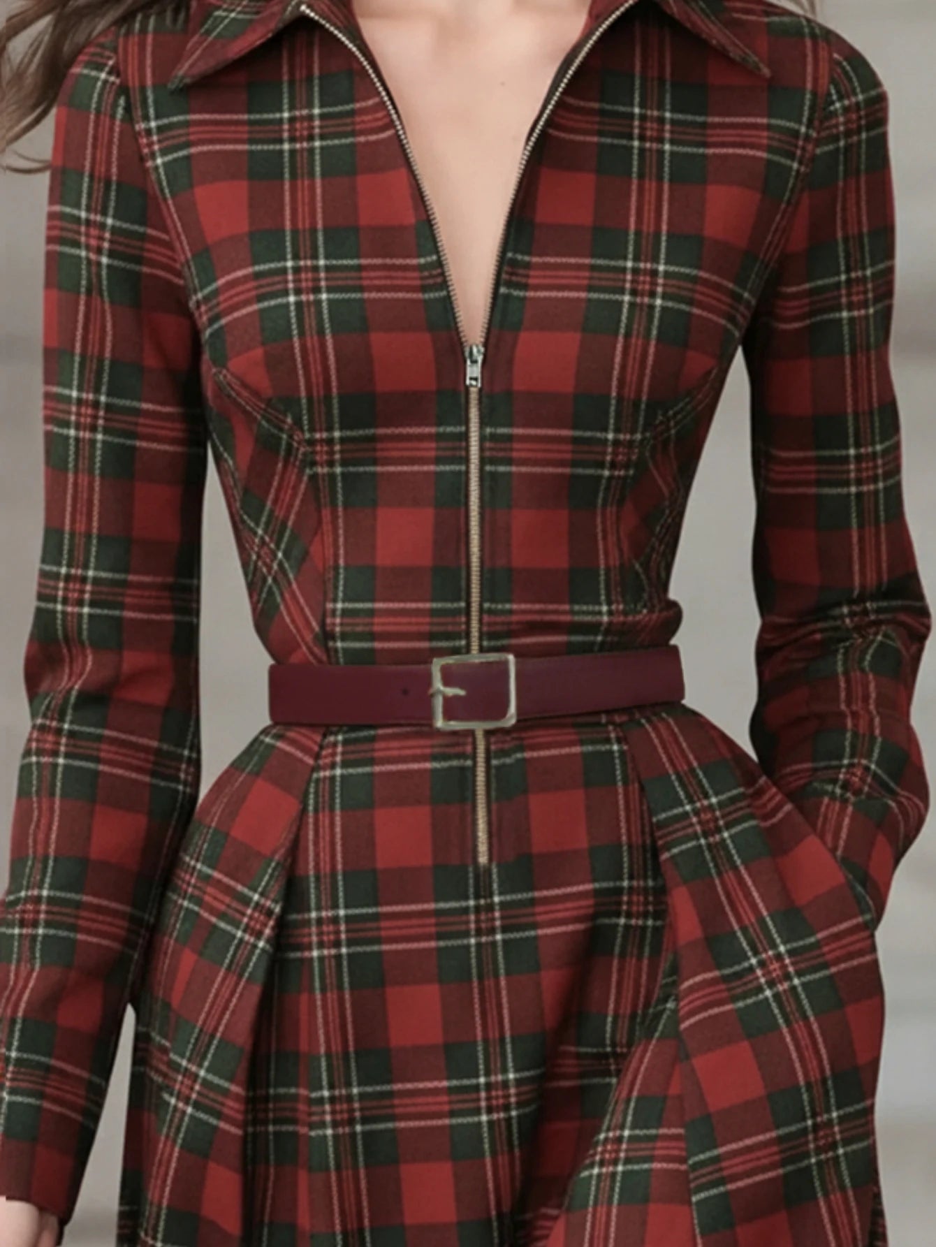 Plaid Print Collared Zip Front Maxi Dress For Women Long Sleeve Belted Waist Flared Hem Dress With Side Pockets