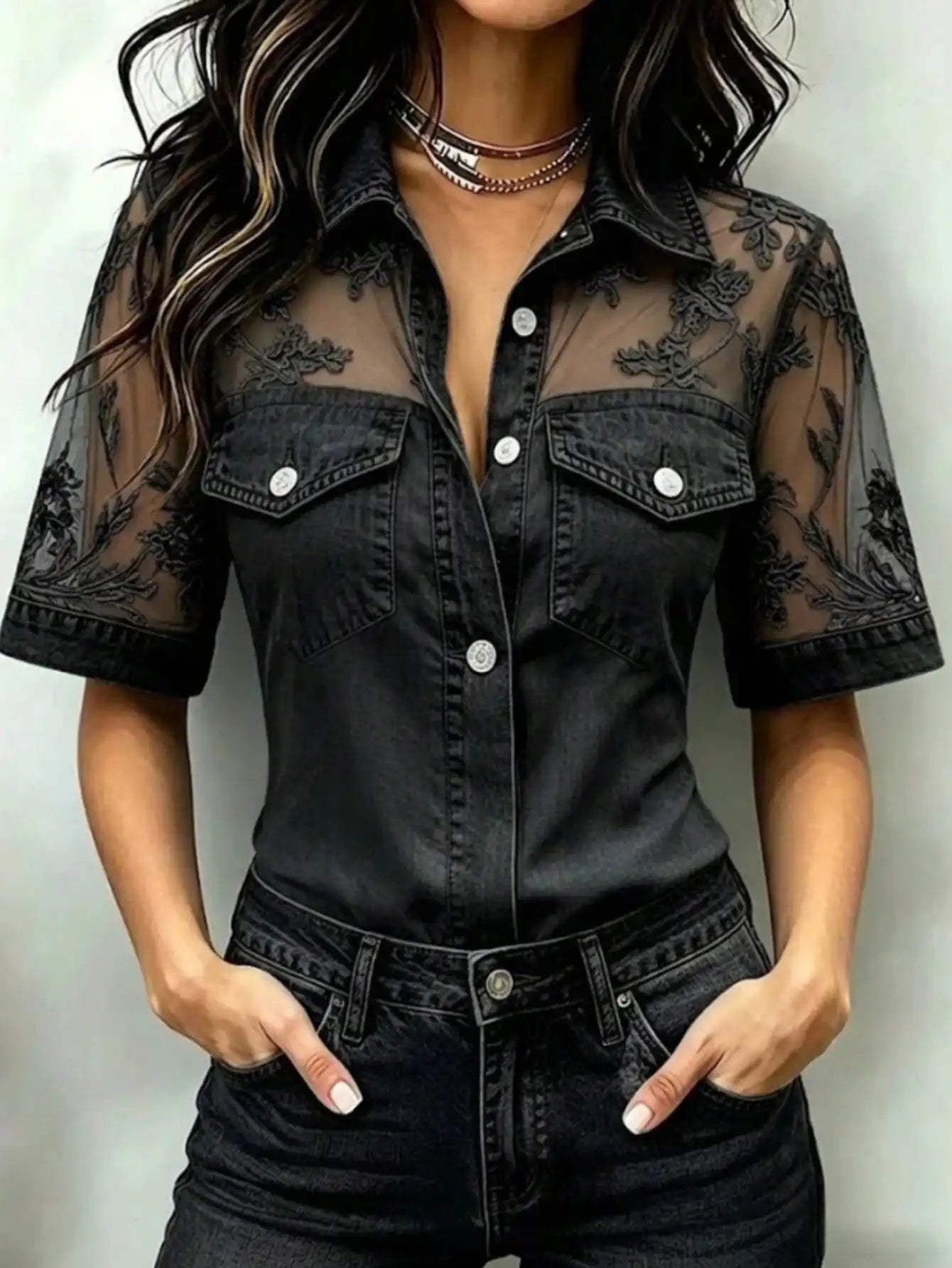 Women's Denim Fabric & Mesh Patchwork Shirt, Long Sheer Puff Sleeves, Button-Down With Fake Chest Pockets, Slim Fit Casual Top For Everyday Wear
