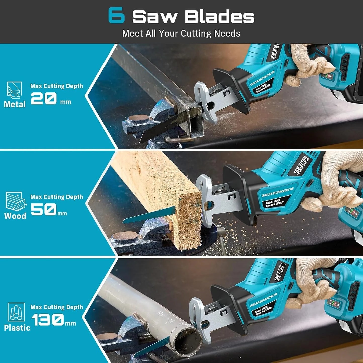 SEESII Reciprocating Saw Cordless Cutting Saw Variable Speed 3500 RPM Brushless Motor with 6 Saw Blades Portable Saw Power Tool 4.0Ah Battery For Wood PVC Cutting