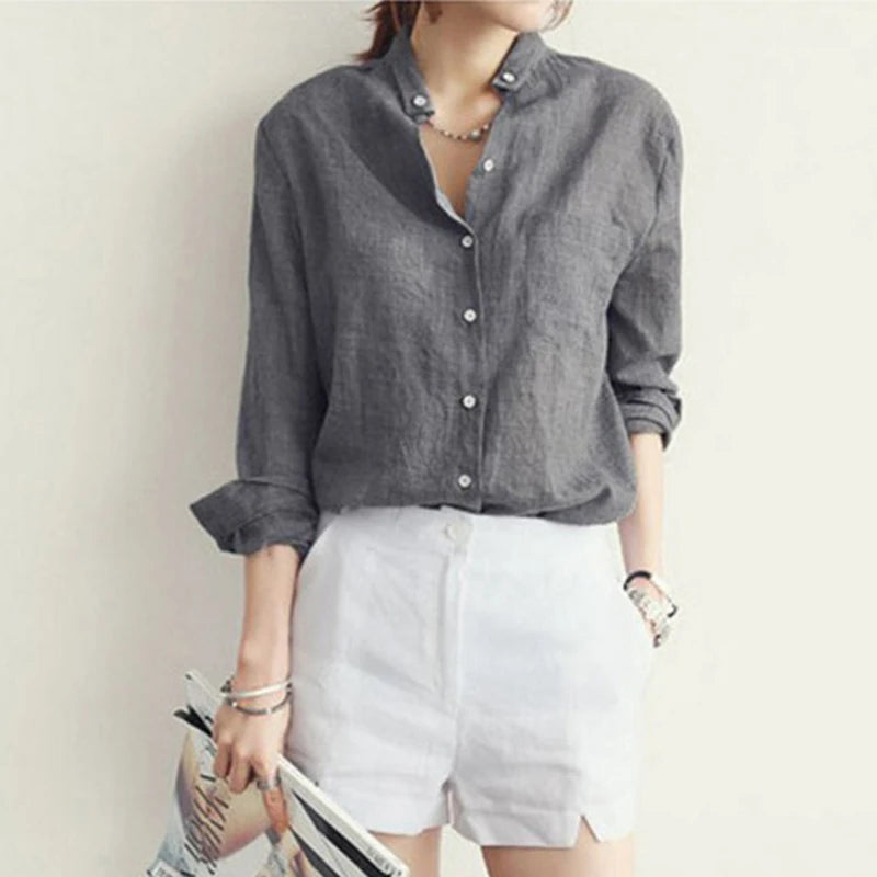 Women Autumn Korean Harjauku Solid Cotton and Linen Blouse Vintage Solid Thin Loose Shirt 2022 Casual Long Sleeve Korean Tops