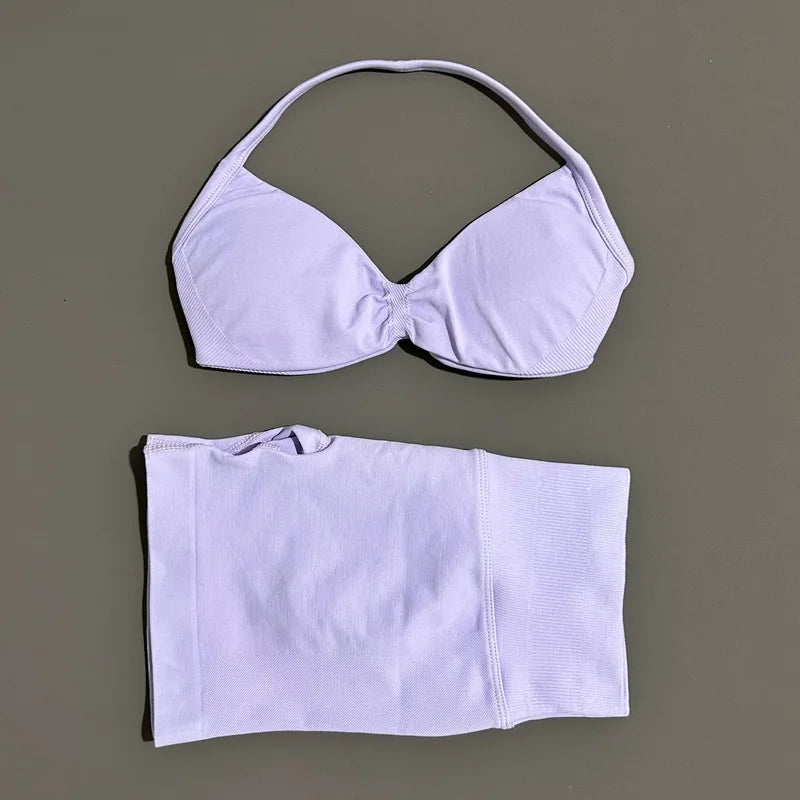 2 Pieces Yoga Gym Set Women Seamless Strappy Yoga Bra High Waist Workout Scrunch Shorts Sports Set Fitness Clothes Sportswear